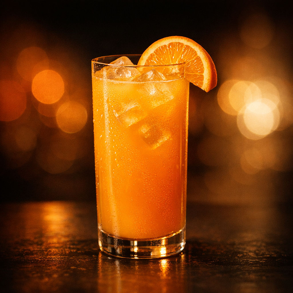 Hyperrealistischer Malibu Orange im Highballglas vor tropisch-orangefarbenem Licht