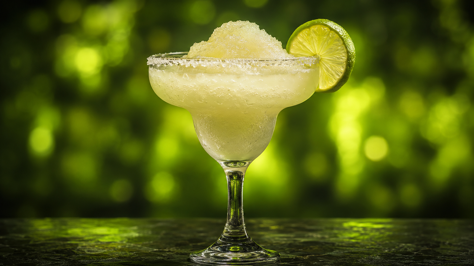 Frozen Margarita vor extrem unscharfem Neonhintergrund in der Farbe des Drinks