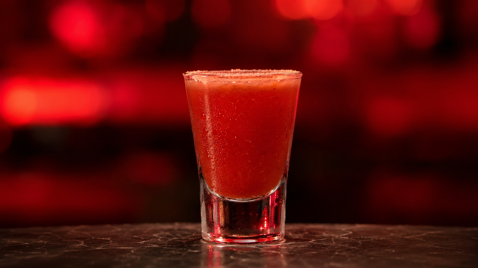 Mexikaner Shot vor extrem unscharfem Neonhintergrund in der Farbe des Drinks