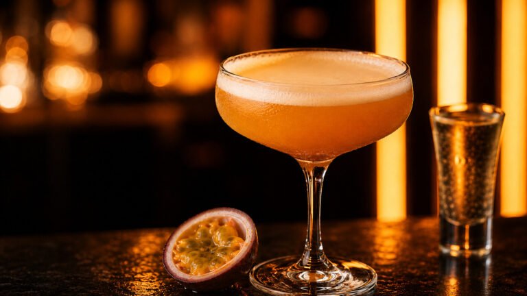 Pornstar Martini mit Maracuja vor passendem orangefarbenem Neonlicht
