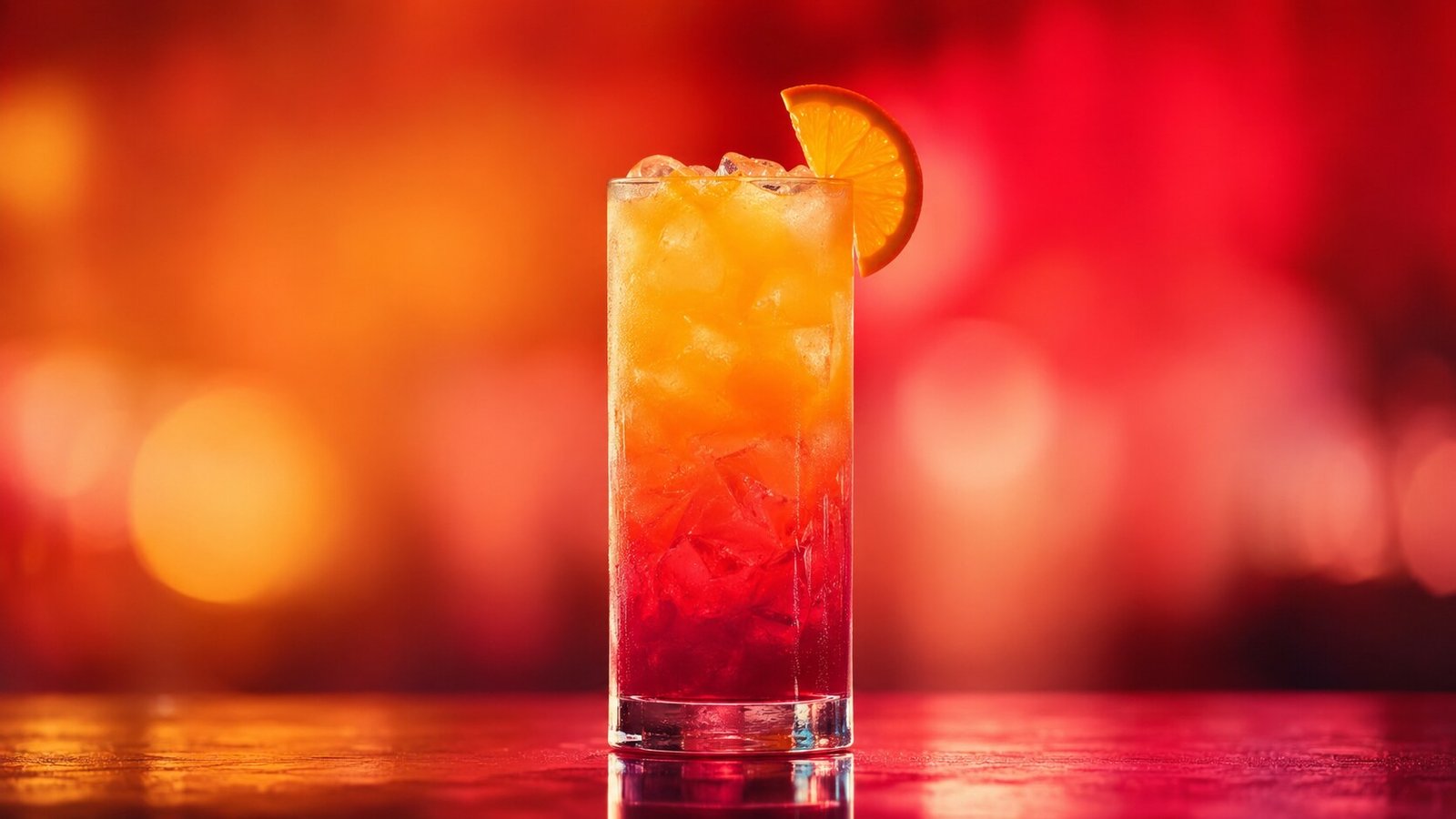 Sex on the Beach im Neonlook Sex on the Beach Cocktail vor stark verschwommenem orangefarbenem und rotem Licht